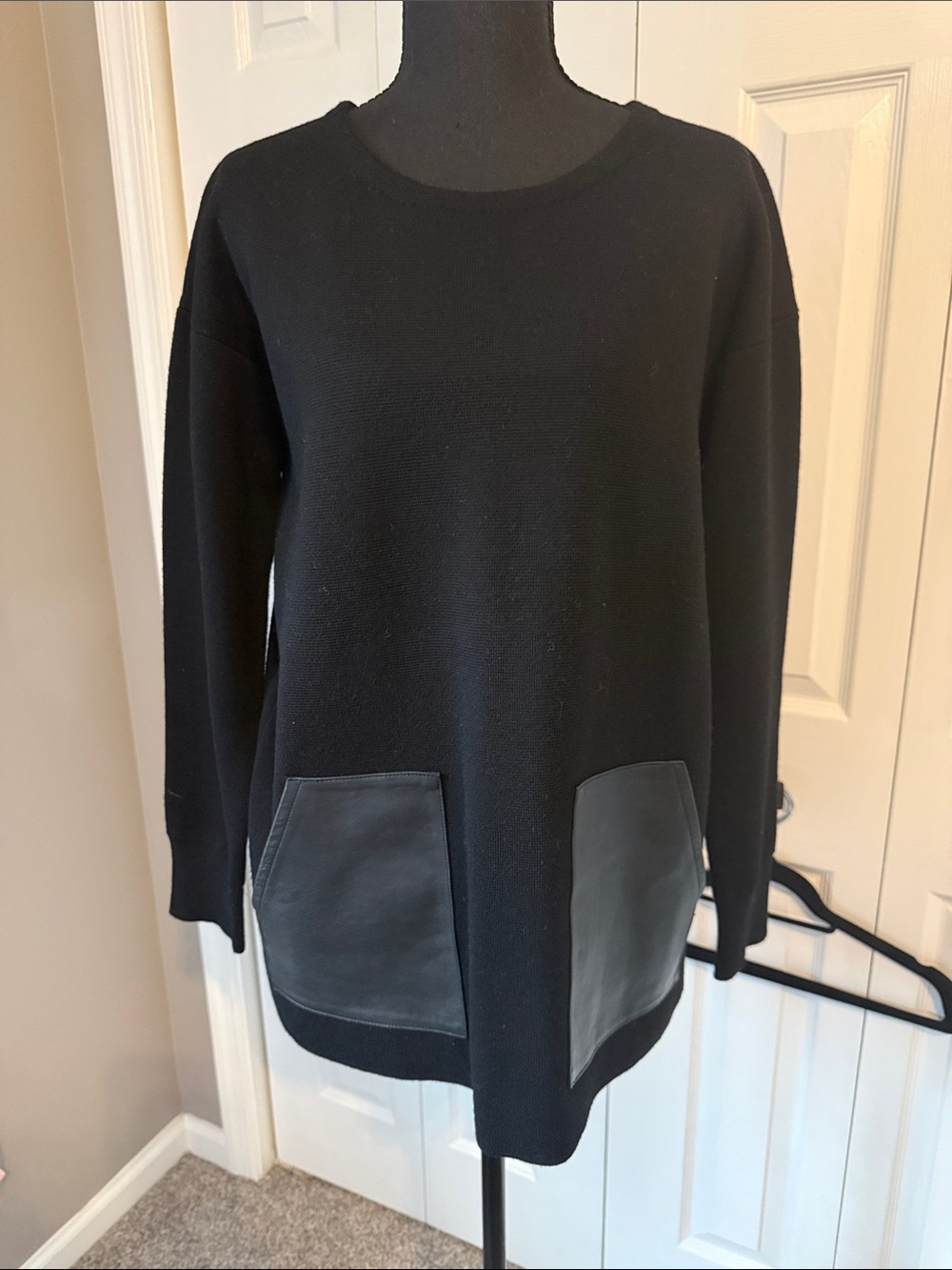 J. Crew Black Crewneck Sweater with Leather Front Pockets